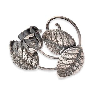 Vintage Beau Sterling Silver Rose Brooch Pin Large Curved 3D Flower with Leaves